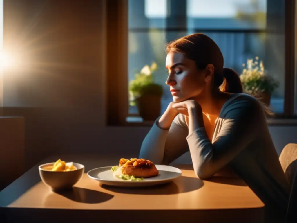 Una mujer contemplativa mira por la ventana con comida intacta frente a ella, en una escena cálida que refleja la relación entre emociones y peso.