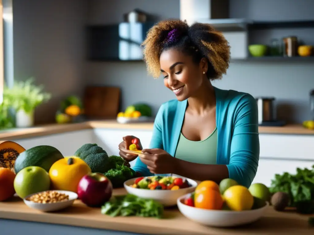 Una mujer prepara con cuidado una comida colorida y nutritiva en una cocina moderna, rodeada de frutas, verduras y frutos secos. <b>La luz natural resalta los detalles de los ingredientes, transmitiendo una sensación de bienestar.</b> <b>'Dietas restrictivas impacto salud emocional'.