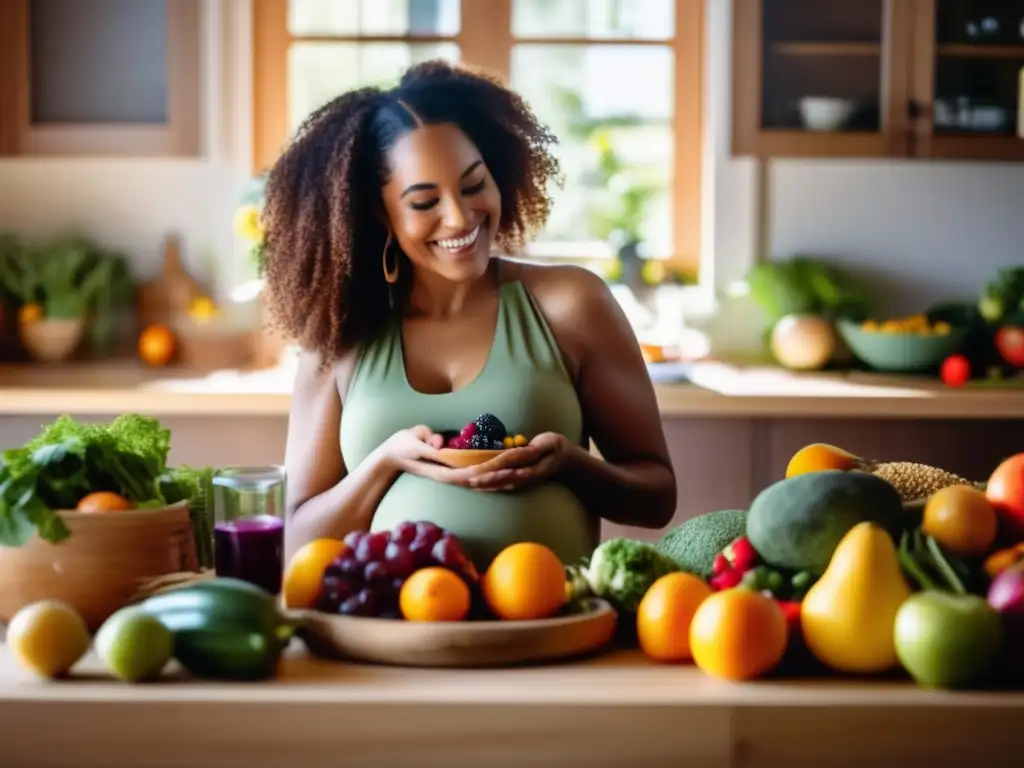 Una mujer embarazada sonríe mientras prepara una colorida comida vegana. <b>La luz natural realza los ingredientes.</b> <b>Dieta vegana saludable embarazo.