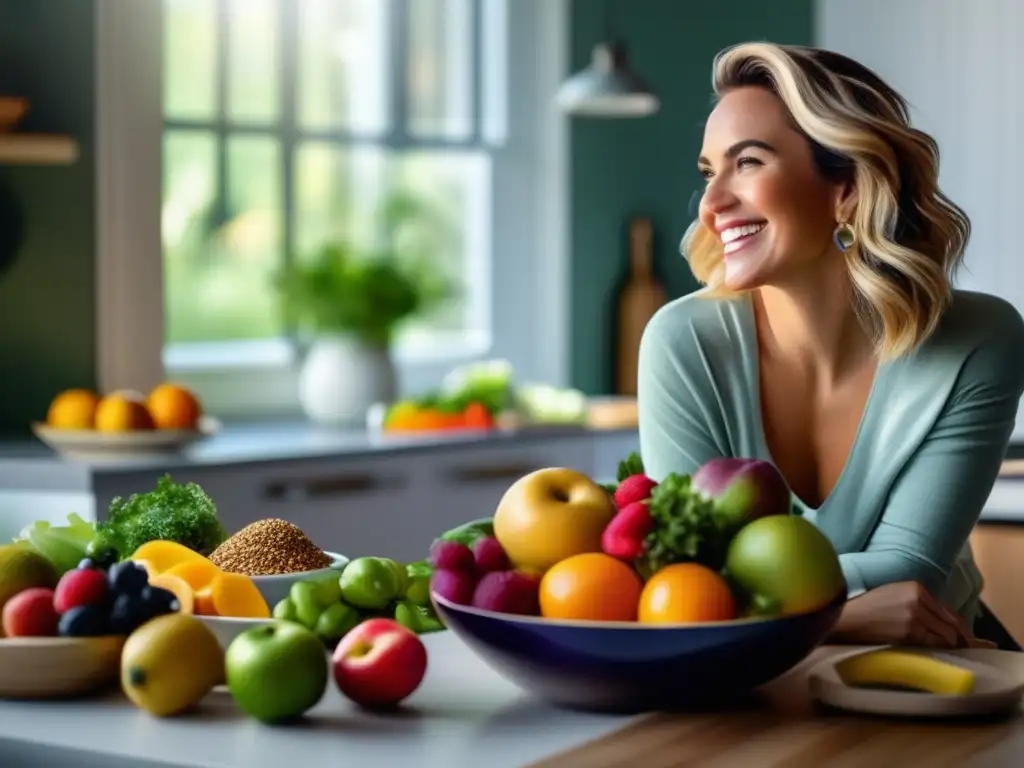 Sabrosa comida saludable: mujer feliz en la cocina