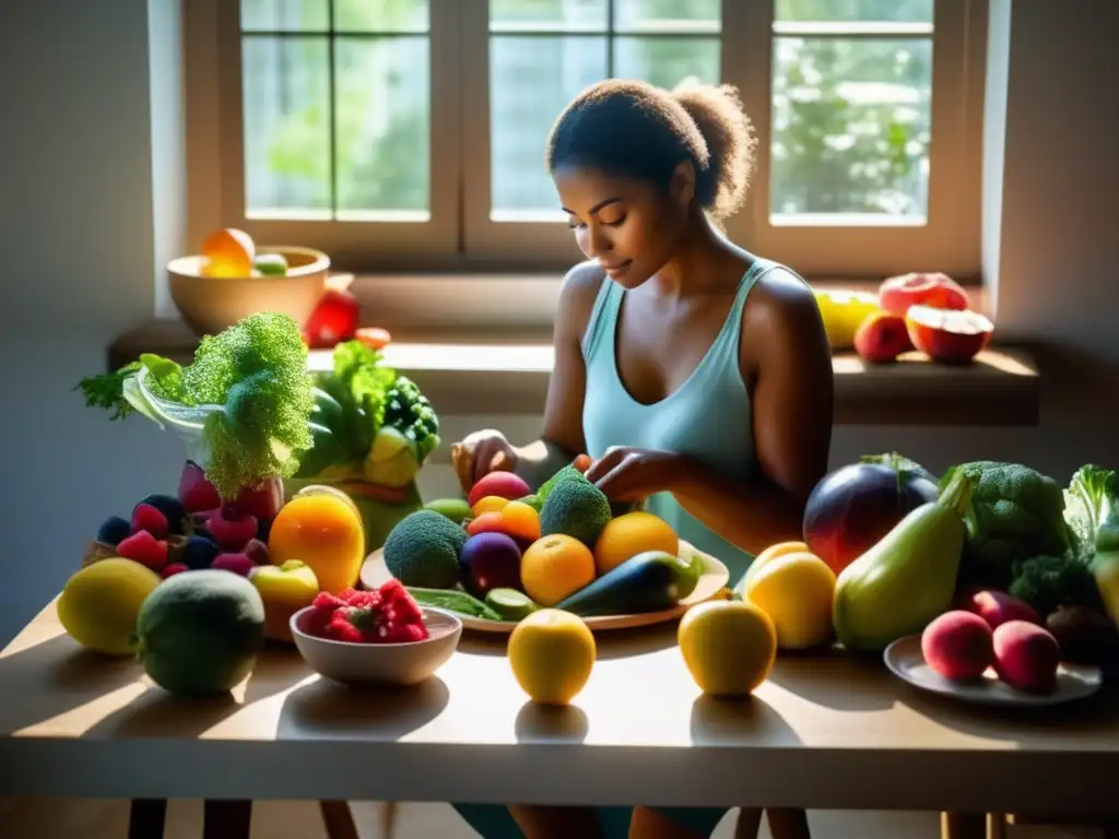 Una mujer cuidadosamente arregla frutas y verduras en un plato, mostrando un enfoque sereno y consciente. <b>La luz natural resalta los colores vibrantes.</b> <b>Este acto refleja la importancia de la alimentación saludable y la imagen corporal positiva.