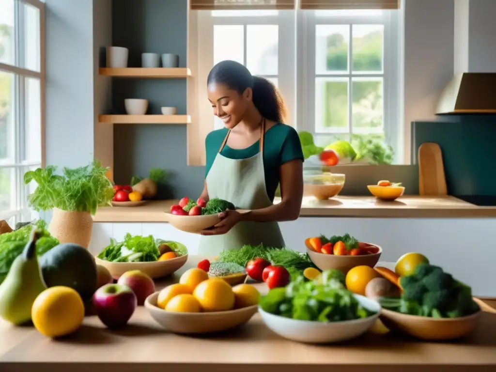 Una mujer prepara una hermosa ensalada en una cocina moderna y tranquila con una mesa de madera y frutas frescas. <b>Dieta de atención plena para vida saludable.