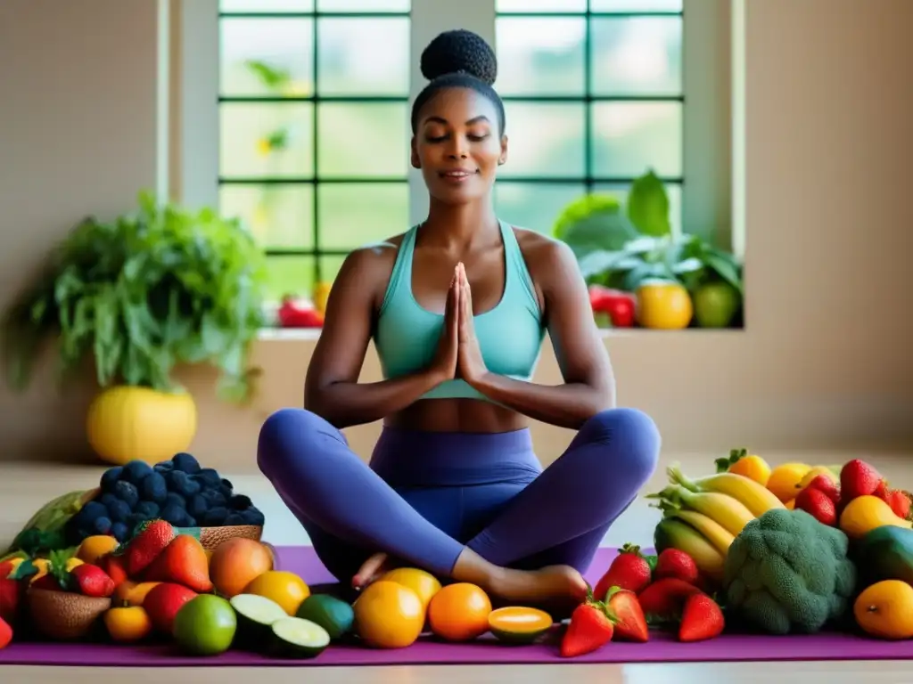 Una mujer practica alimentación intuitiva para control peso mientras saborea una fresa jugosa rodeada de frutas y verduras vibrantes.