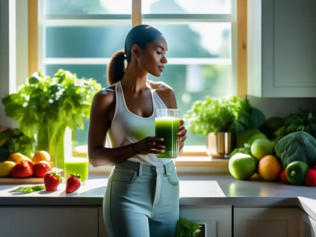 Una mujer disfruta de un jugo verde en una cocina soleada, rodeada de frutas y vegetales frescos. <b>La atmósfera es serena y saludable, perfecta para la desintoxicación a través de la alimentación.