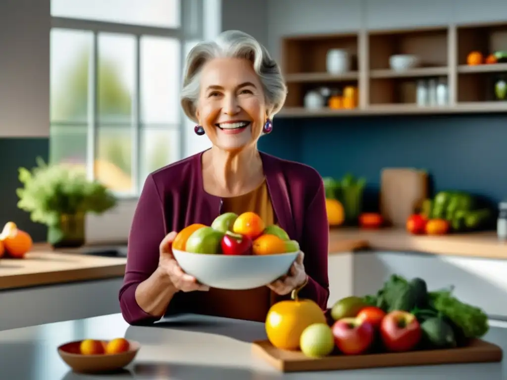 Una mujer mayor sonriente sostiene un tazón de frutas y verduras frescas con suplementos de coenzima Q10 en una encimera de cocina moderna, bañada por la luz del sol. Los colores vibrantes crean una composición visualmente atractiva, transmitiendo vitalidad y bienestar. Beneficios