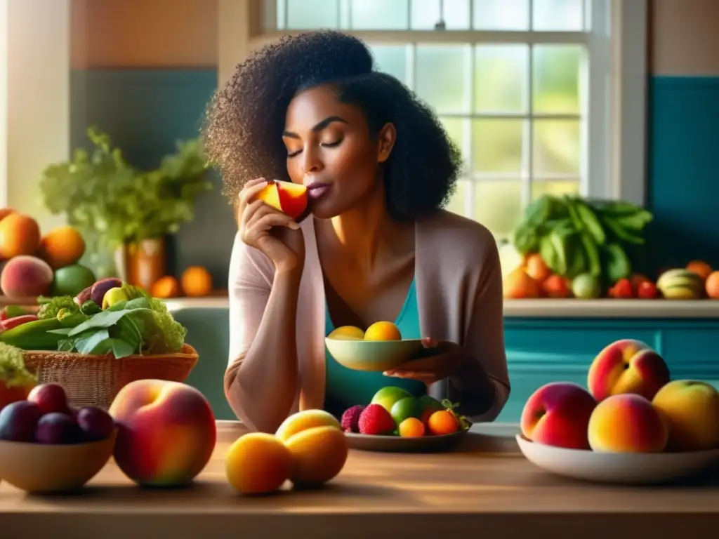 Una mujer disfruta de una mordida de durazno jugoso en una escena llena de frutas y verduras coloridas. Alimentación mindful para mejorar salud.