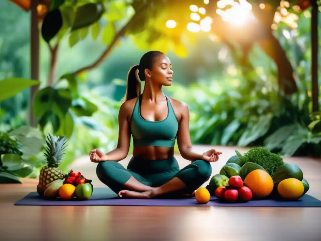 Una mujer en paz, rodeada de naturaleza, con un tazón de frutas y verduras frescas. <b>Refleja autoaceptación y alimentación consciente.