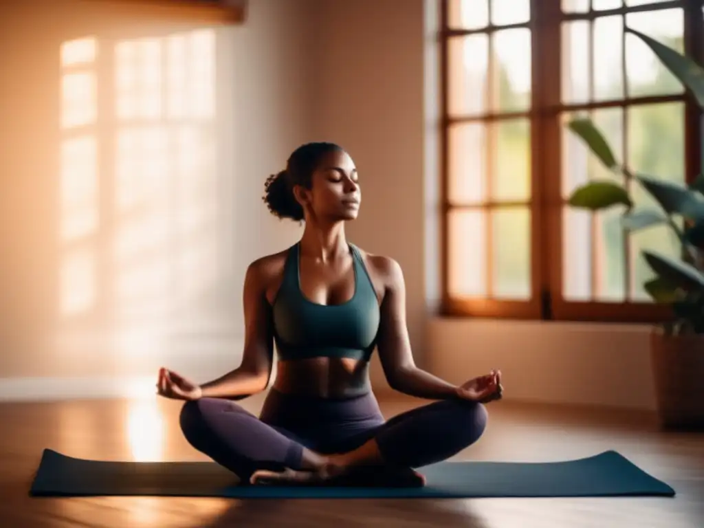 Una mujer en postura de yoga, concentrada en ejercicios de respiración para controlar el estrés alimenticio, iluminada por luz natural.