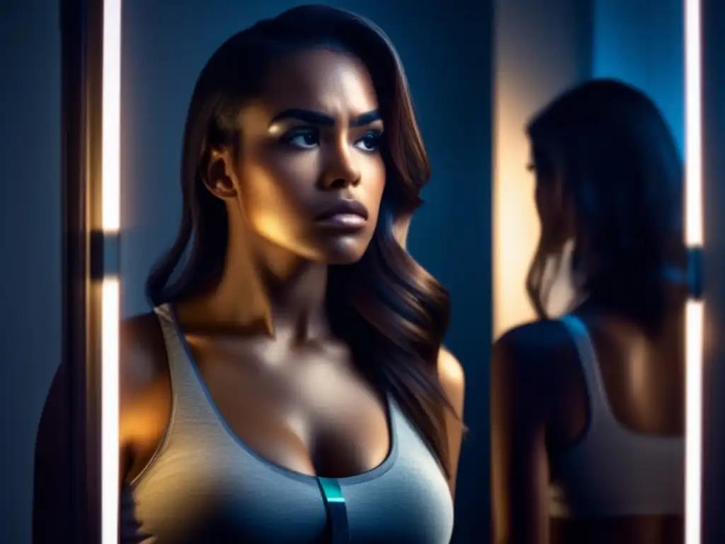 Una mujer se mira con preocupación en un espejo, sosteniendo una cinta métrica alrededor de su cintura. La imagen refleja la lucha entre el estrés y la percepción distorsionada de su cuerpo.