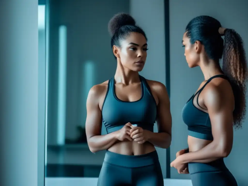 Una mujer reflexiva se examina en el espejo, mostrando el efecto de las dietas restrictivas en la autoestima e imagen corporal.