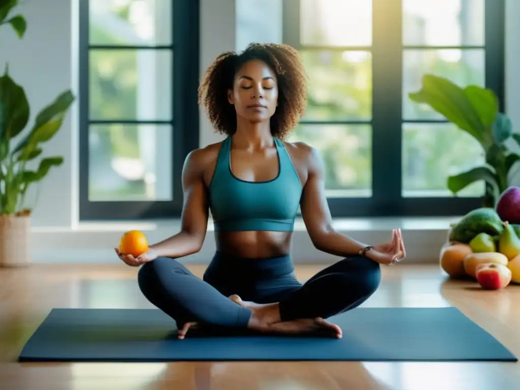 Una mujer en ropa deportiva practicando el ayuno intermitente, con una expresión calmada y determinada, sosteniendo un vaso de agua y un plato de frutas y verduras coloridas en una habitación minimalista y serena con luz natural. Consejos ayuno intermitente mujeres