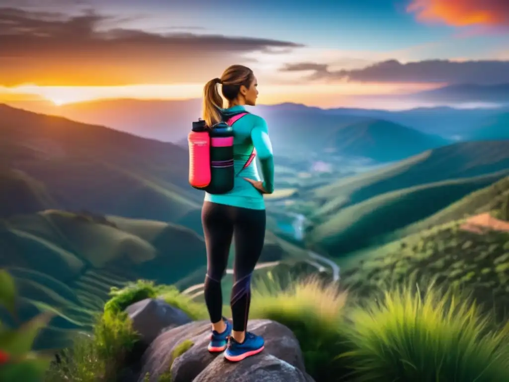 Una mujer en ropa deportiva en la cima de una montaña, mirando un amanecer sobre un valle. <b>Expresión confiada y determinada.</b> <b>Fondo vibrante.</b> 'Consejos realistas para perder peso'.
