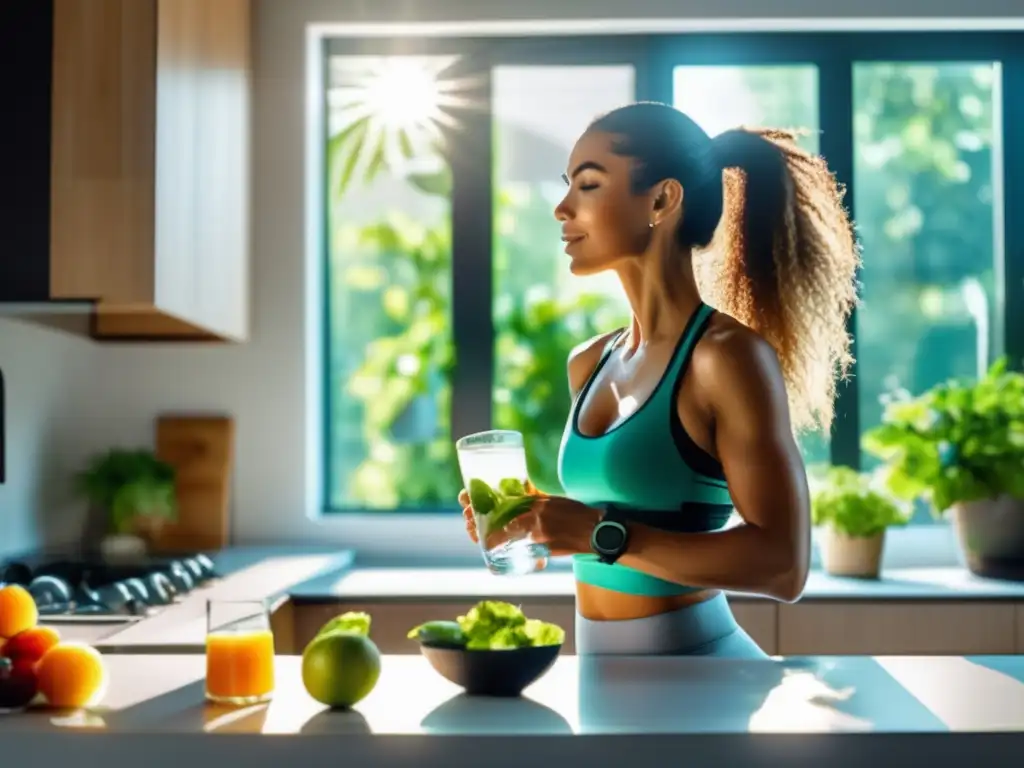 Una mujer en ropa deportiva moderna, tomando agua en una cocina soleada con alimentos saludables y un reloj de ayuno intermitente. <b>Vibrante y energizante.</b> <b>Suplementos para optimizar ayuno intermitente.