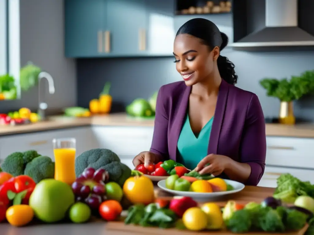 Una mujer selecciona y arregla frutas y verduras en un plato, reflejando confianza y conocimiento en la alimentación balanceada para imagen saludable.