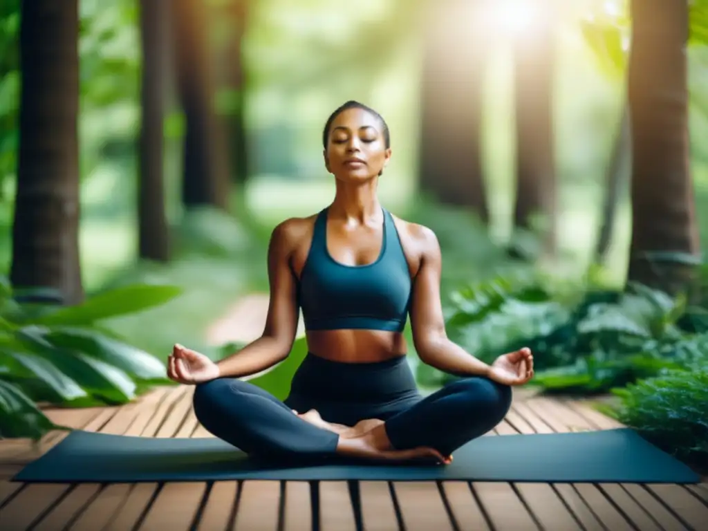 Una mujer serena medita en un entorno natural, transmitiendo calma. <b>Beneficios de la meditación para controlar ansiedad alimentación.