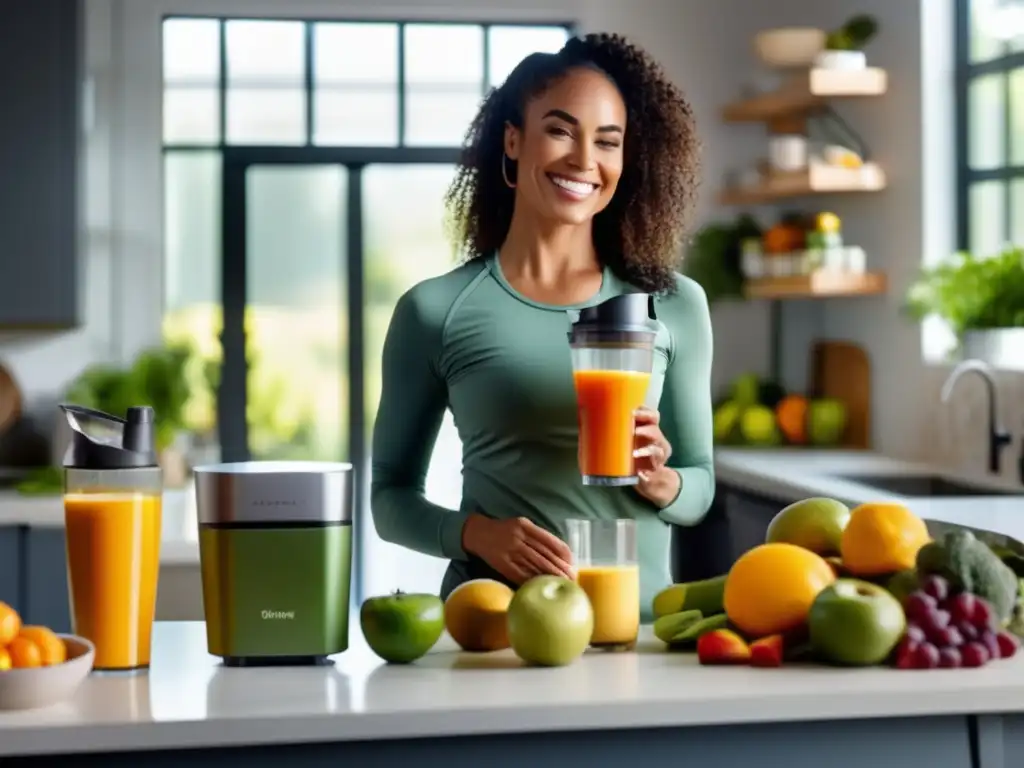 Una mujer sonriente prepara un batido saludable rodeada de frutas, verduras y suplementos para mejorar salud mental en una cocina moderna y luminosa.