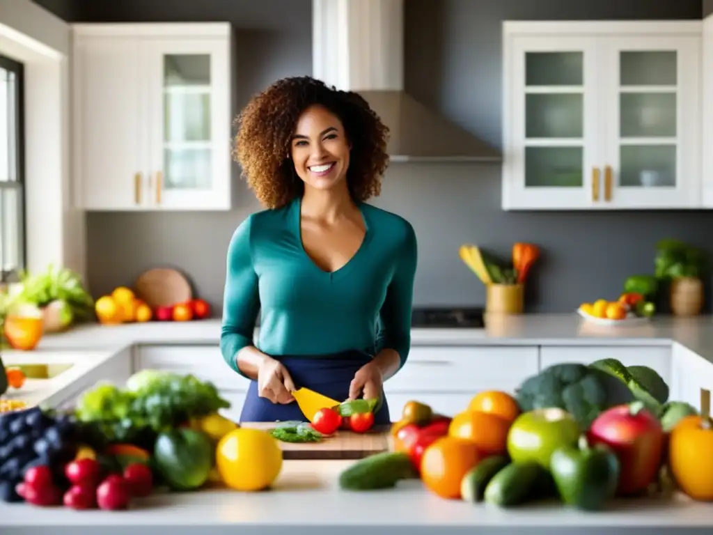 Una mujer sonriente en la cocina rodeada de frutas y verduras coloridas, sosteniendo una cinta métrica y transmitiendo determinación y positividad. <b>Consejos realistas para perder peso.