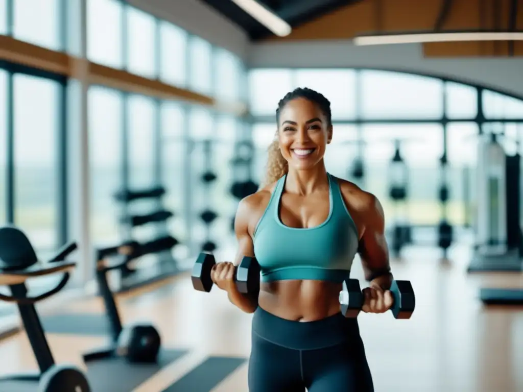 Una mujer sonriente realiza ejercicios con pesas en un gimnasio luminoso, destacando el manejo de la diabetes a través del ejercicio.