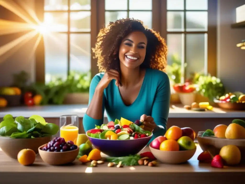 Una mujer sonriente prepara una ensalada fresca con frutas, verduras y frutos secos coloridos. <b>La luz del sol entra por la ventana, creando un ambiente cálido y acogedor.</b> <b>Dieta antiinflamatoria para combatir depresión.