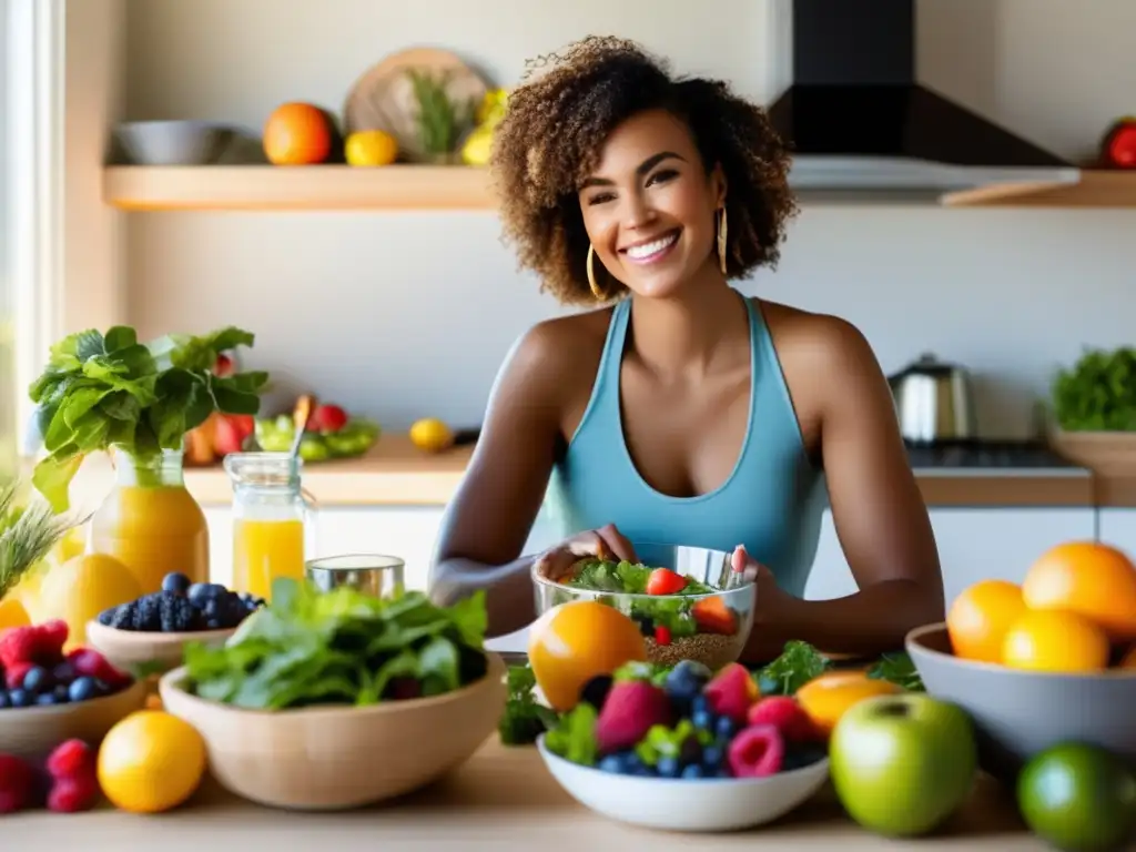 Una mujer sonriente prepara una ensalada con ingredientes frescos y saludables en una cocina soleada, promoviendo la conexión entre dieta saludable y bienestar psicológico.