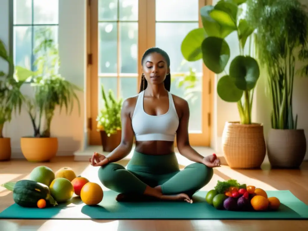 Una mujer en el suelo de yoga, rodeada de plantas, sosteniendo frutas y verduras frente a una ventana soleada. La atmósfera es serena y equilibrada, evocando salud y bienestar con beneficios del ayuno intermitente para equilibrio emocional.