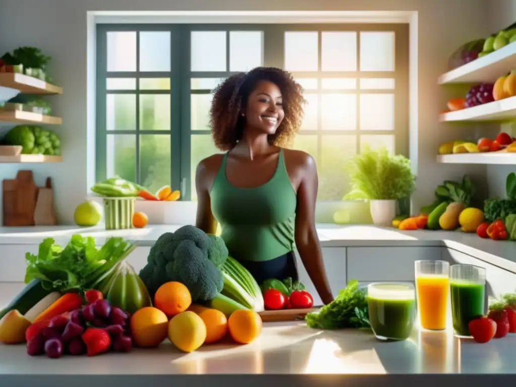 Una mujer disfruta de un vaso de jugo verde fresco en una cocina luminosa, rodeada de frutas y verduras. <b>Desintoxicación a través de la alimentación.