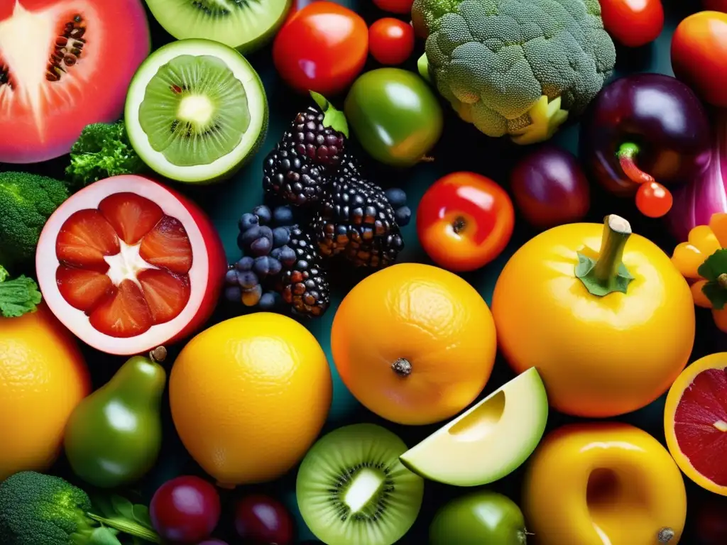 Un mundo de colores y texturas en frutas y verduras, resaltando los componentes activos en alimentos funcionales.