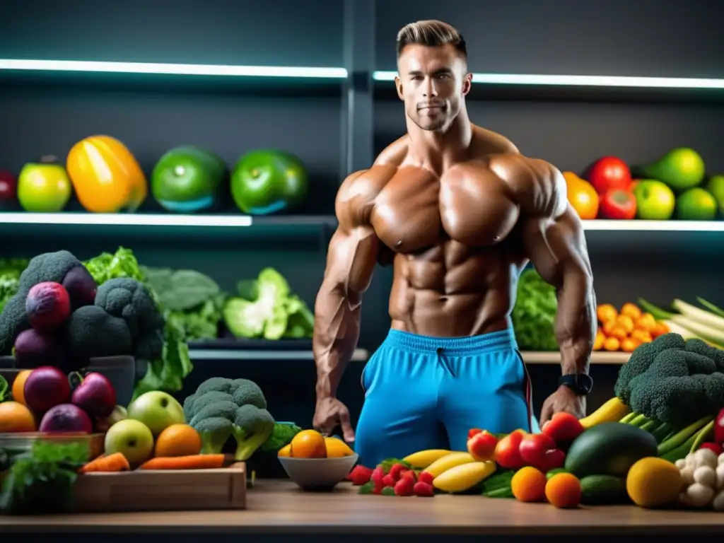 Construir músculo con alimentación vegetal: Atleta musculoso muestra su físico en un gimnasio moderno, rodeado de frutas y verduras vibrantes.