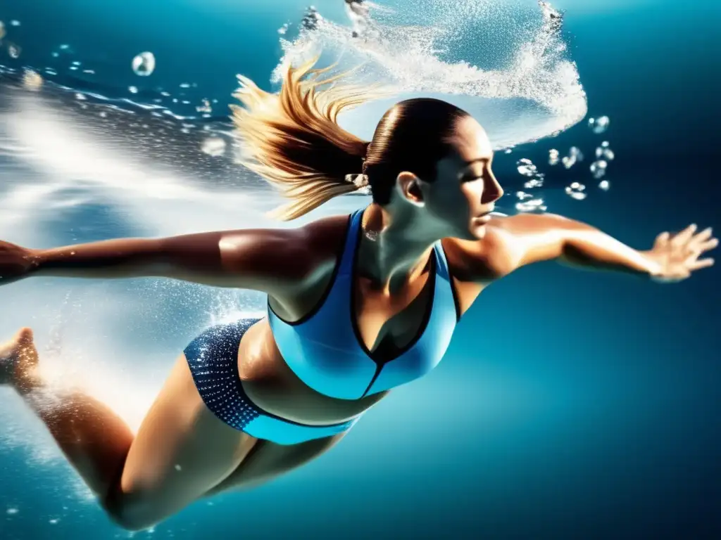 Un nadador profesional en un moderno traje de baño se sumerge con gracia y poder en aguas cristalinas. <b>La luz del sol crea un efecto visual cautivador en la superficie del agua.</b> <b>Representa la determinación y el mundo competitivo de la natación.</b> Dieta balanceada para nadadores de competición.