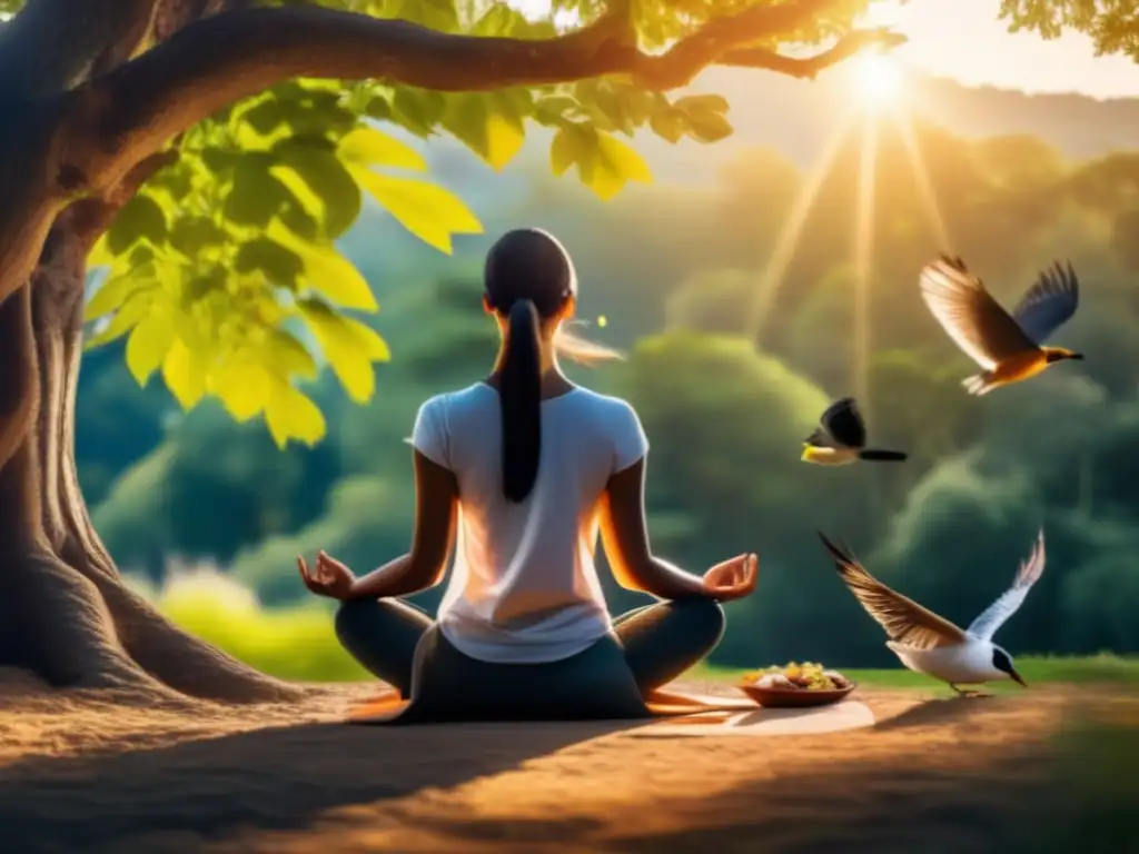 Meditación en la naturaleza, reflejando serenidad y claridad mental. <b>Beneficios del ayuno intermitente para la salud.