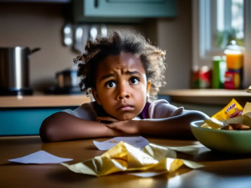 Un niño afligido solo en la mesa de la cocina rodeado de envolturas de comida, con lágrimas en el rostro. La escena transmite tristeza y vergüenza, reflejando el manejo de atracones en la infancia.