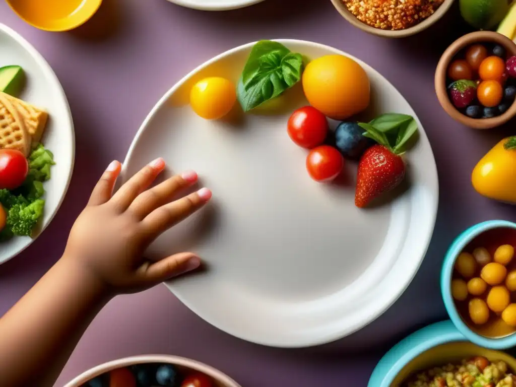 Un niño muestra curiosidad y temor al alcanzar alimentos coloridos y saludables en un plato. <b>Detalle exquisito de la mano.</b> <b>Diferencias entre inapetencia y trastorno alimentario.