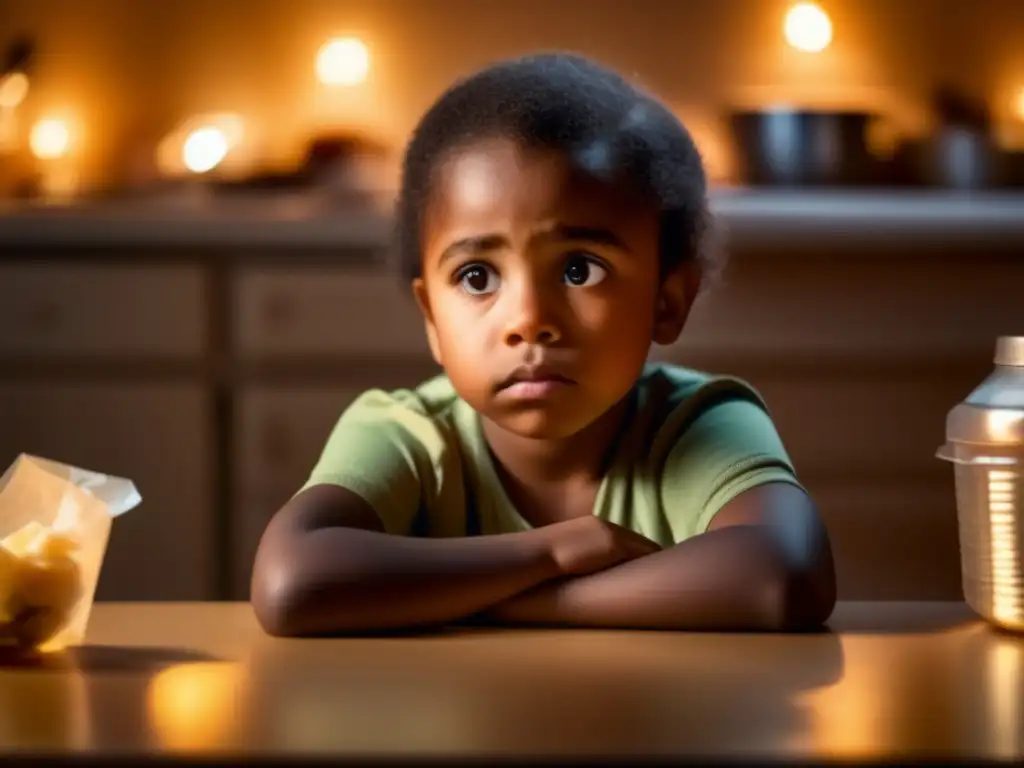 Un niño con expresión de tristeza rodeado de envoltorios de comida vacíos. La luz suave destaca la atmósfera de comer emocional en niños.