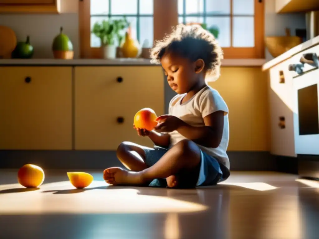 Un niño disfruta de una fruta en la cocina soleada, transmitiendo calma y conexión con la alimentación consciente para niños.