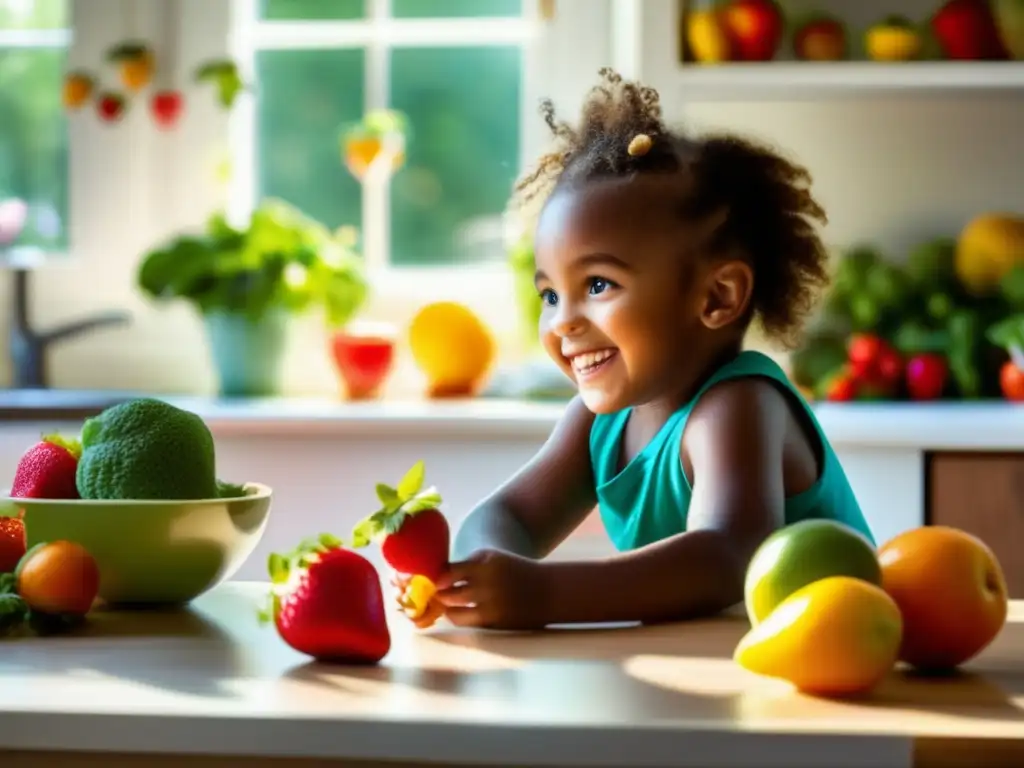 Un niño disfruta de frutas y verduras en la cocina, reflejando hábitos saludables. <b>Atmosfera cálida y positiva.</b> <b>Manejo de atracones en la infancia.