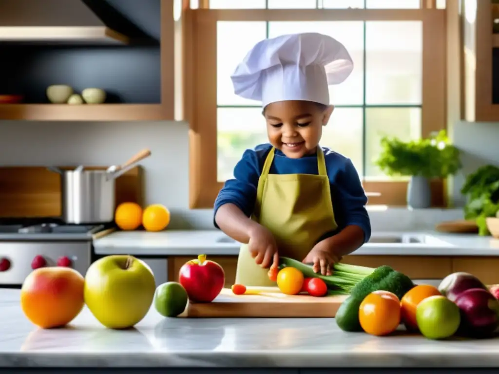 Un niño cortando frutas y verduras en la cocina, con luz solar brillante. <b>Una escena inspiradora de actividades para involucrar a niños en la cocina.