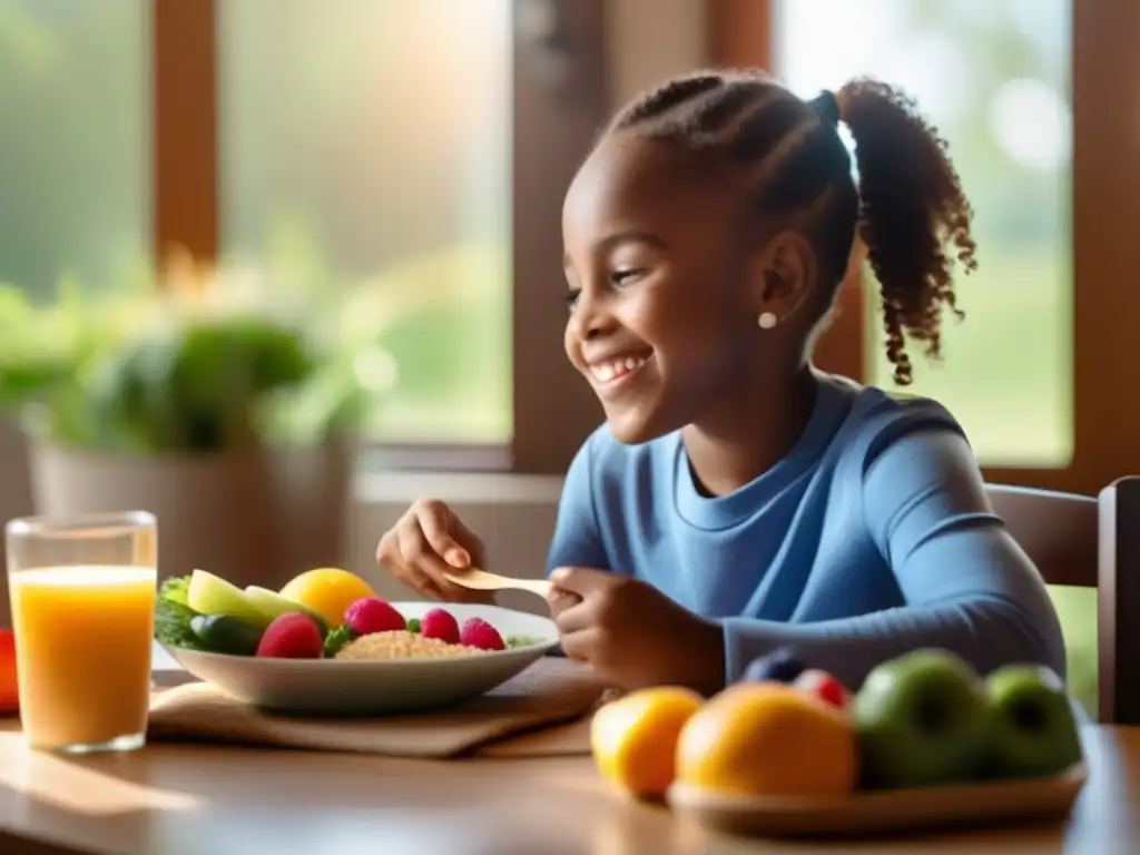 Un niño con necesidades especiales disfruta de una comida nutritiva rodeado de frutas y verduras. <b>Un adulto lo apoya con cariño.</b> Ambiente cálido y acogedor que resalta la importancia de la nutrición especializada en niños con necesidades especiales.