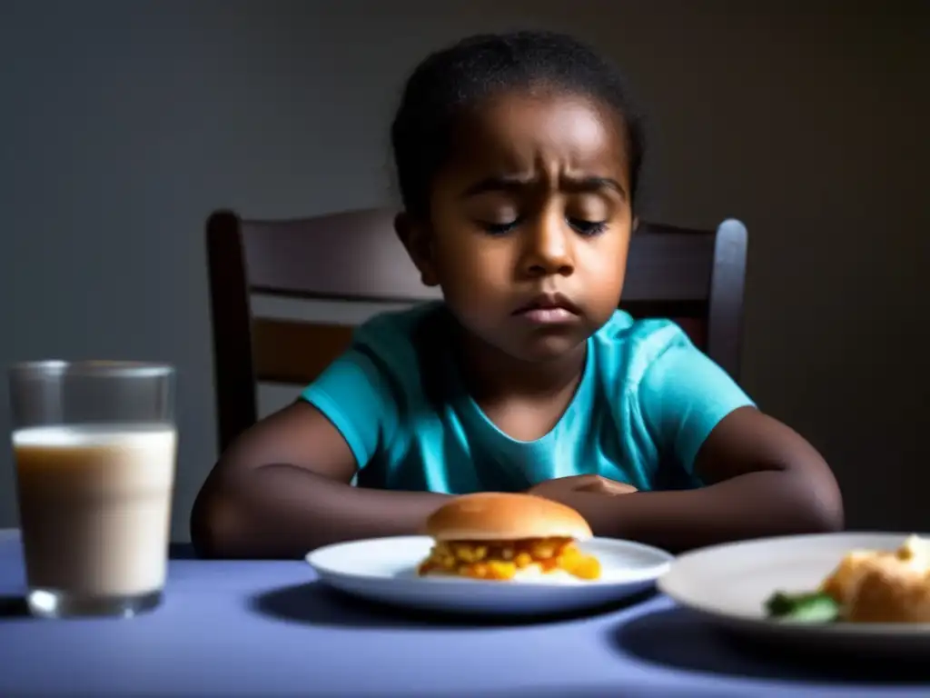 Un niño solo mira su plato de comida con angustia, evocando trastornos alimentarios en niños.