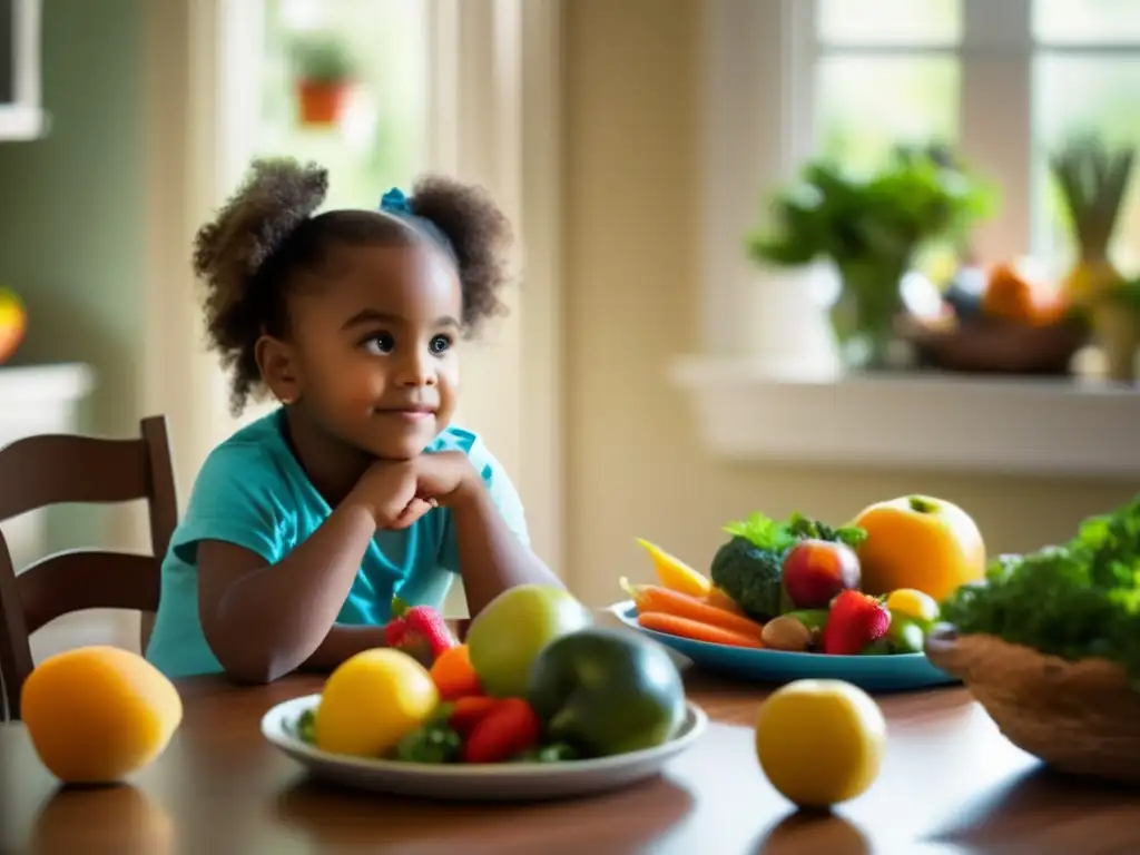 Un niño reflexivo rodeado de frutas y verduras, en un ambiente familiar amoroso. <b>Fomentando hábitos de alimentación saludable y mindful en niños.