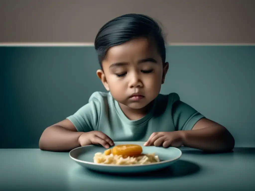 Un niño solitario juega con la comida en un entorno minimalista, reflejando trastornos alimentarios en la infancia.