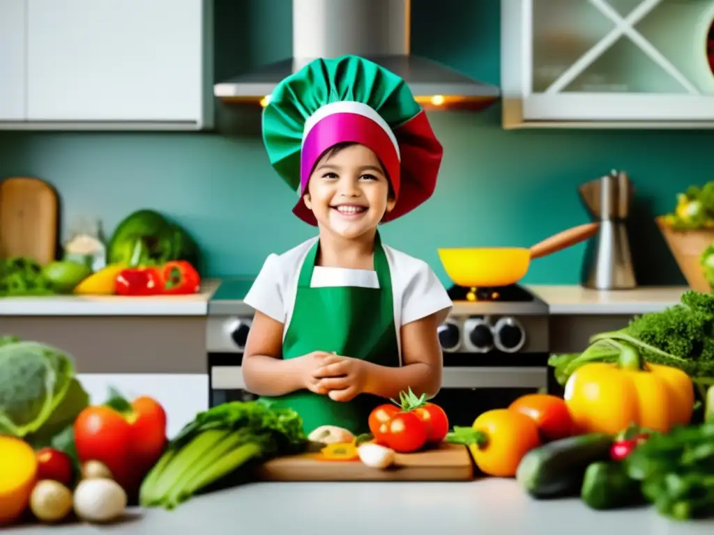 Un niño sonriente en una cocina moderna llena de ingredientes frescos y utensilios, preparando cocina fusión para niños saludables con alegría.