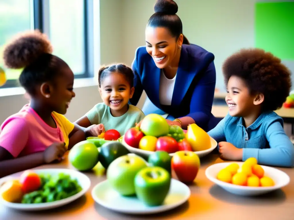 Niños felices aprendiendo sobre nutrición con frutas y verduras 'Niños felices participando en actividad de nutrición con frutas y verduras. Ambiente inclusivo y educativo sobre alimentación saludable para niños.'