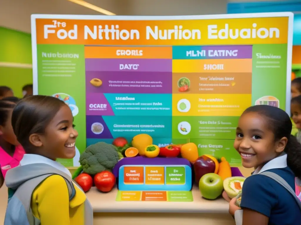 Concienciación nutricional en escuelas: Niños participando entusiastas en dinámica educativa sobre alimentación saludable.