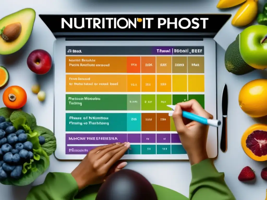 Un nutricionista planea con detalle un programa de periodización nutricional para entrenamiento, rodeado de alimentos frescos y coloridos gráficos.