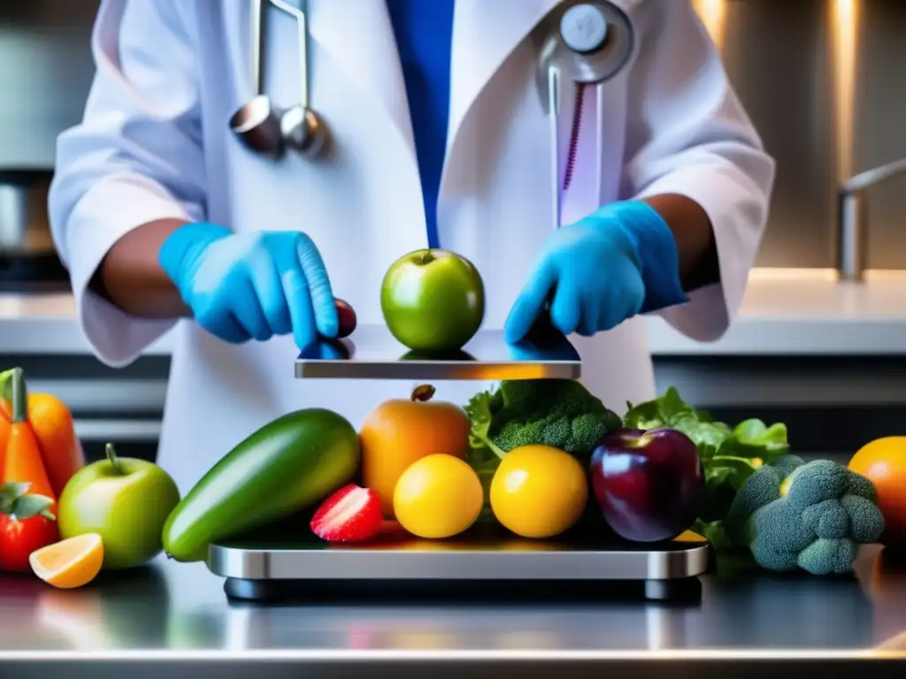Un nutricionista experto mide frutas y verduras en una báscula de cocina. <b>Escena brillante y vibrante.</b> <b>Podcasts nutrición y bienestar.