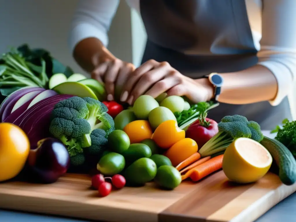 Un nutricionista experto organiza frutas y verduras frescas con precisión. <b>Encuentra asesor nutrición ideal.