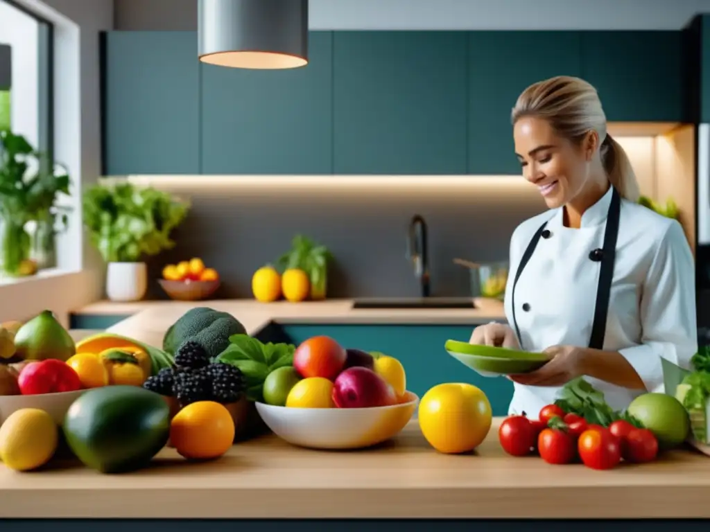 Nutricionista prepara plan de comida personalizado en cocina vibrante
