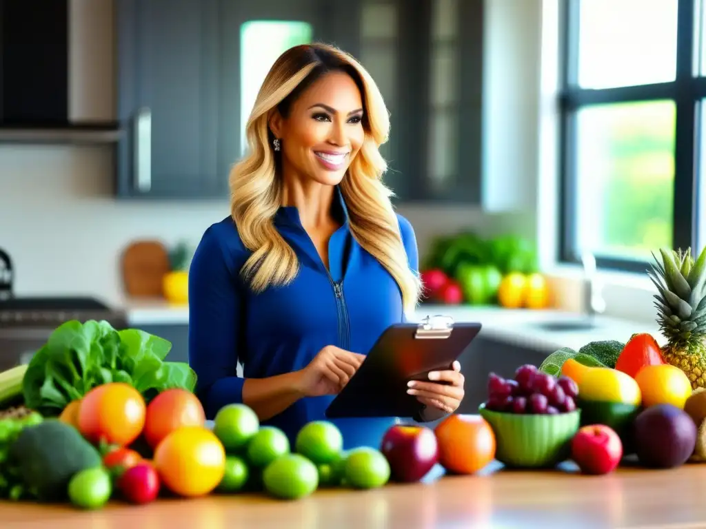 Una nutricionista profesional ofrece consejos de nutrición deportiva para mejorar el rendimiento a un atleta enfocado en una cocina moderna y bien iluminada, rodeada de frutas, verduras y alimentos integrales coloridos.