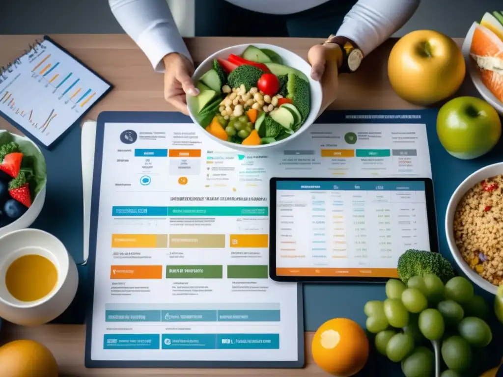 Una nutricionista profesional planifica una dieta adaptable para competencias deportivas, rodeada de gráficos y alimentos variados.