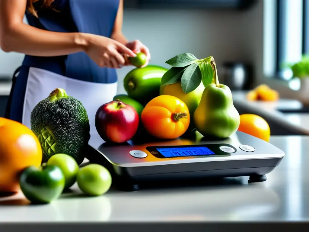 Un nutricionista profesional mide cuidadosamente frutas, verduras y proteínas magras en una moderna báscula de cocina. <b>La imagen expresa precisión y experiencia en alimentación personalizada para deportistas.